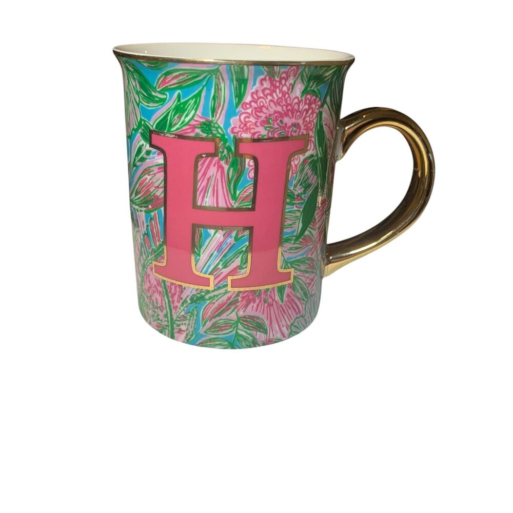 Lilly Pulitzer Floral Pink Initial Ceramic Coffee Tea Mug Gold Handle Preppy
